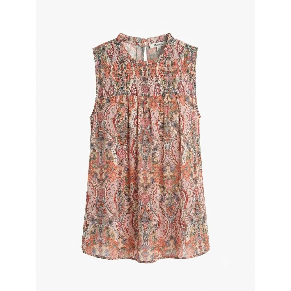 Maison d'Amelie Paris Boho Chic Paisley Smocked Sleeveless Blouse Pink Orange M